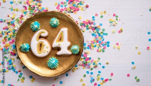 Decorated cookie, number 64, image for birthday or anniversary celebration photo