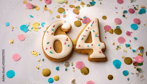 Decorated cookie, number 64, image for birthday or anniversary celebration photo