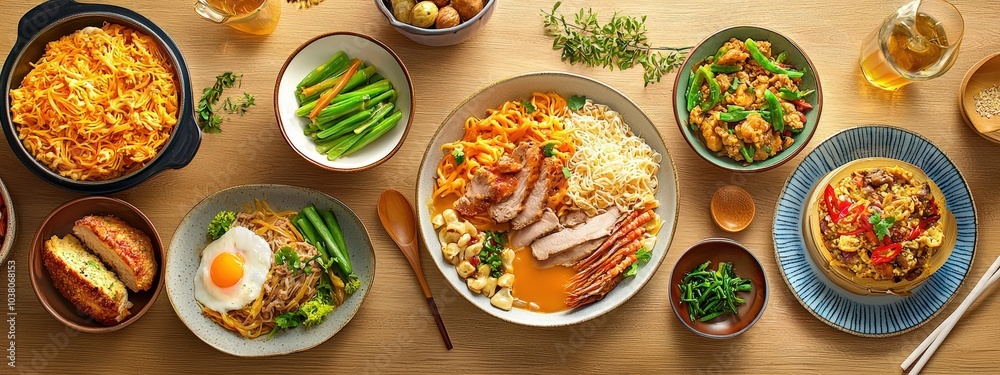 A vibrant array of Asian dishes featuring noodles, rice, and vegetables presented on a rustic wooden table. Perfect for showcasing culinary diversity. A vibrant array of Asian dishes featuring noodles, rice, and vegetables presented on a rustic wooden table. Perfect for showcasing culinary diversity.