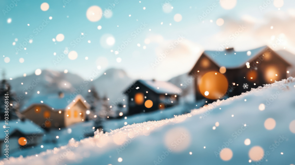 Fototapeta premium Cozy holiday homes glowing in snowy Christmas setting create magical winter atmosphere. soft snowfall adds to serene beauty of scene, inviting warmth and joy