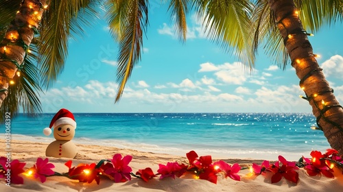 Fototapeta Naklejka Na Ścianę i Meble -  A Snowman on a Tropical Beach with Christmas Lights and Flowers