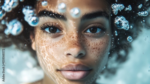 Underwater portrait of young woman with freckles and bubbles, captivating gaze