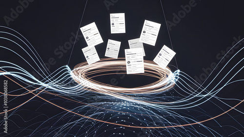 Abstract lines of light forming a vortex that pulls in floating financial reports, symbolizing data consolidation and strategy refinement. ( Business Concept )