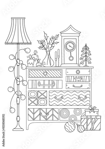 Adults And Children'S Coloring Page Features A Dresser With Christmas Decorations