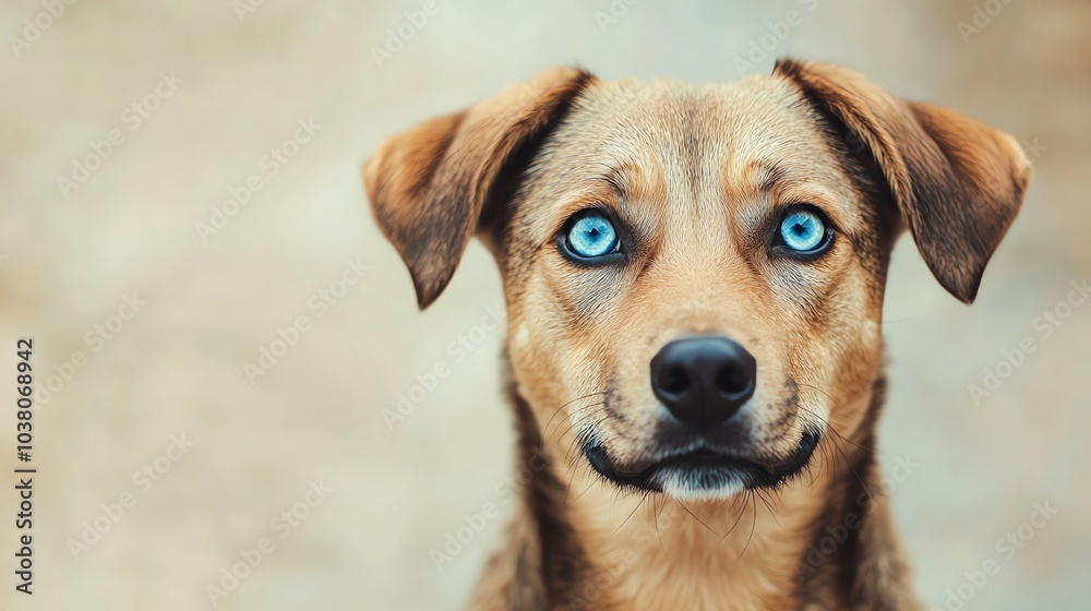 A dog with brown and white fur and blue eyes looks intently at the camera. A dog with brown and white fur and blue eyes looks intently at the camera.