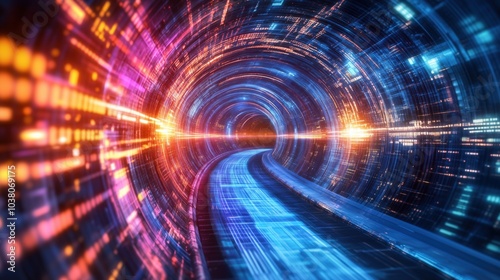 Futuristic tunnel with vibrant lights and digital patterns, swirling motion