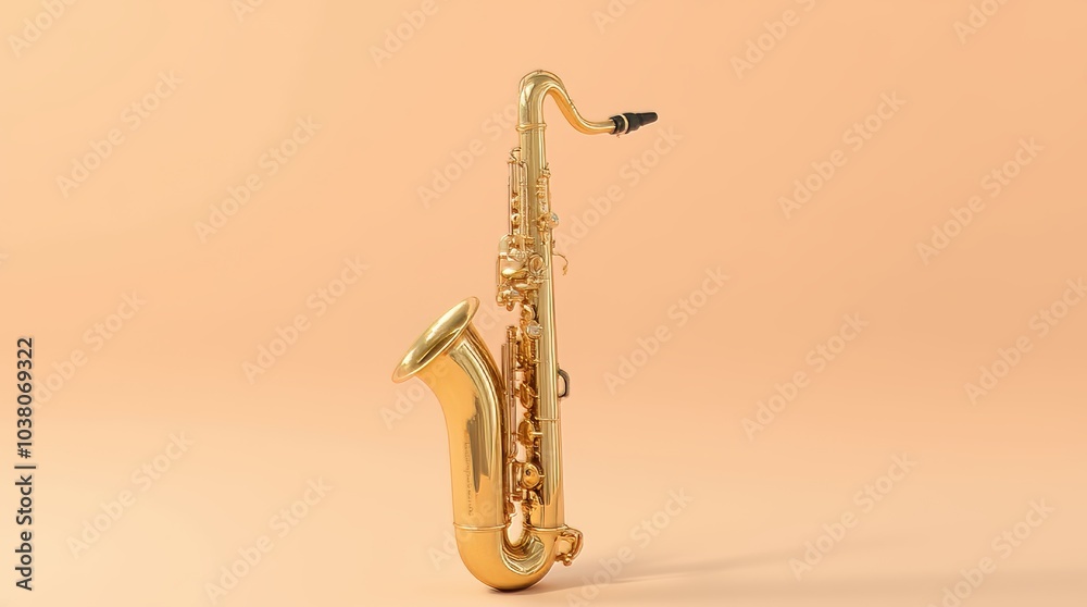 Naklejka premium Golden saxophone isolated on a yellow background, a musical instrument from the woodwind family