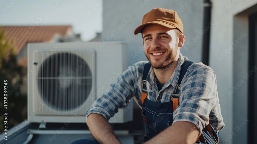 HVAC technician smiling on rooftop, air conditioning unit in background HVAC technician smiling on rooftop, air conditioning unit in background