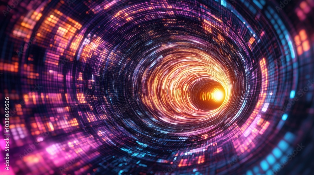 Vibrant digital tunnel with glowing lights and swirling patterns Vibrant digital tunnel with glowing lights and swirling patterns
