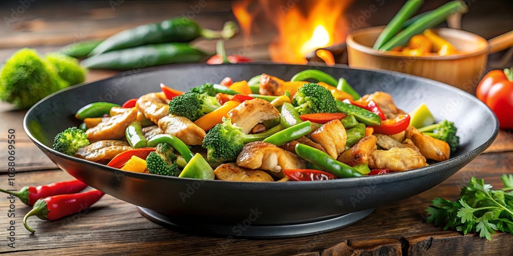 A Rustic Tabletop Still Life Featuring a Black Bowl of Sauteed Chicken with Broccoli, Bell Peppers, and Green Beans, Surrounded by Fresh Herbs and Chili Peppers A Rustic Tabletop Still Life Featuring a Black Bowl of Sauteed Chicken with Broccoli, Bell Peppers, and Green Beans, Surrounded by Fresh Herbs and Chili Peppers