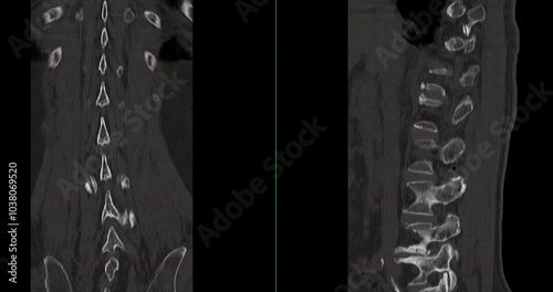 CT Scan L-S pine Showing T12 Compression Injury, where the front part of the bone has collapsed slightly. The fracture looks stable, and there is no damage to the spinal cord or nearby tissues. photo