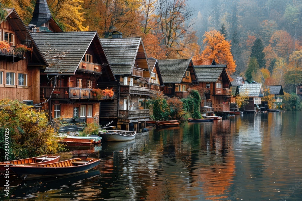 Obraz premium Scenic lakeside village with autumn foliage reflecting in calm waters.