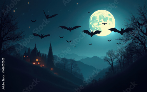 A bat colony flying over the village castle on a full moon night