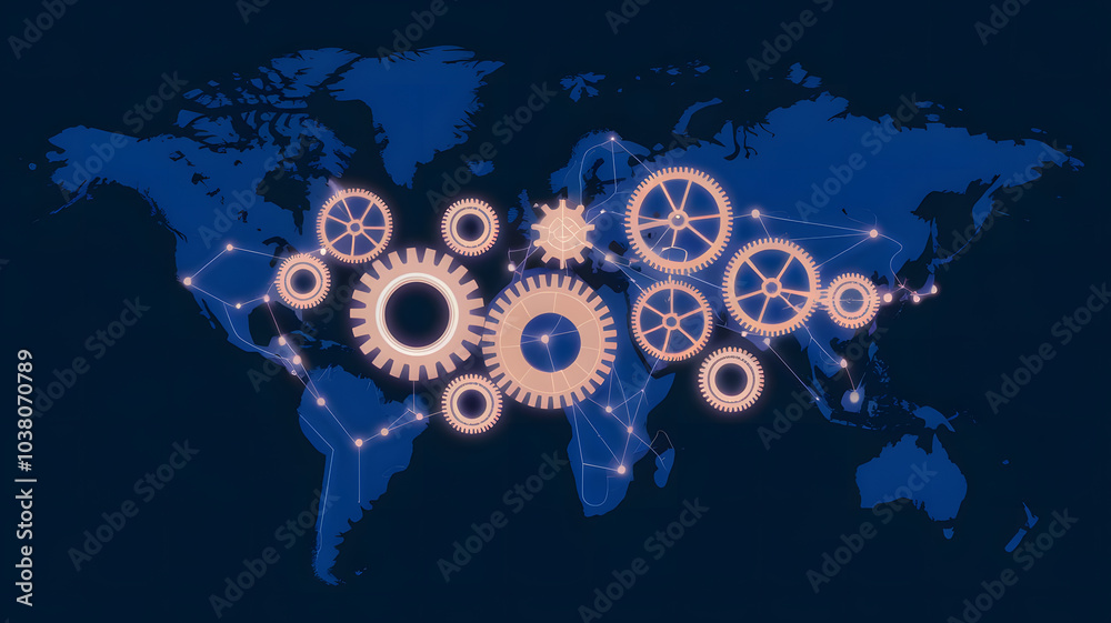 A network of glowing gears interlocking over a map, symbolizing the synchronization of global business operations. ( Business Concept ) A network of glowing gears interlocking over a map, symbolizing the synchronization of global business operations. ( Business Concept )