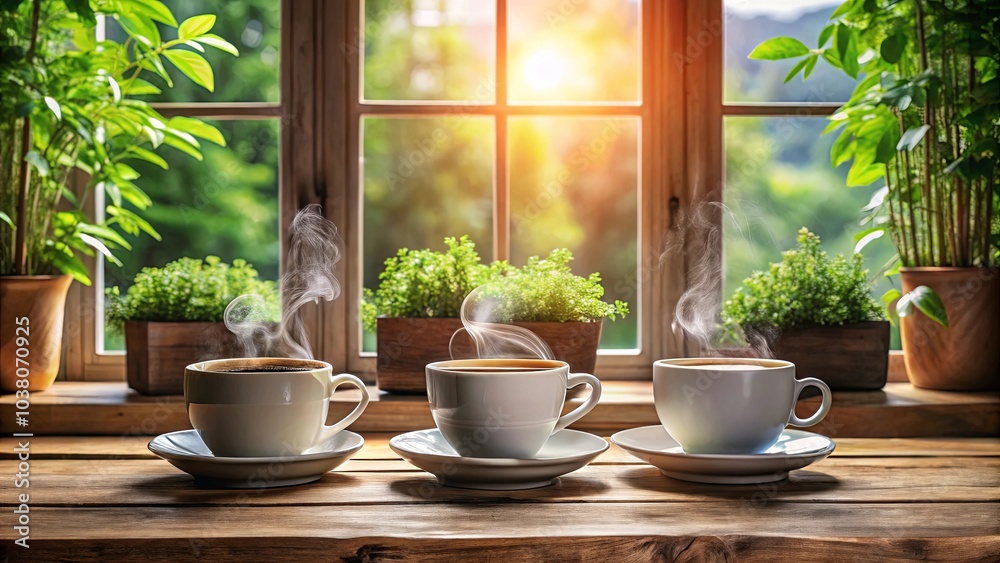 Three steaming cups of coffee on a wooden table beside a window with a sunlit view