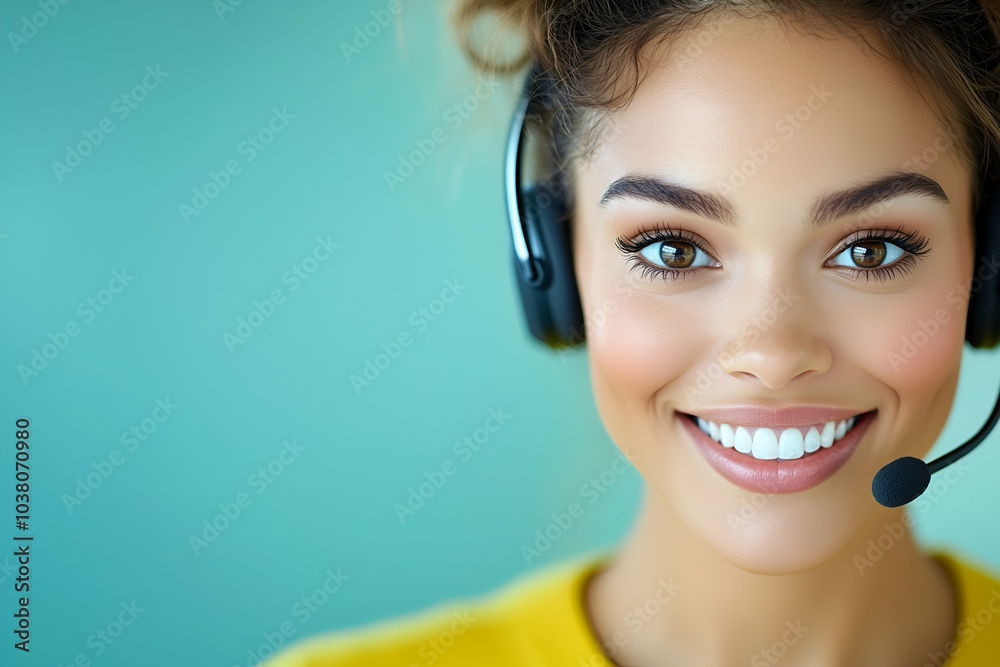 Naklejka premium Happy young woman with headphones smiling, relaxed and positive vibe, modern technology, remote work concept