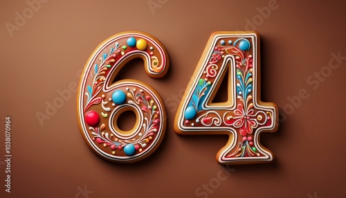 Decorated cookie, number 64, illustration for birthday or anniversary celebration photo