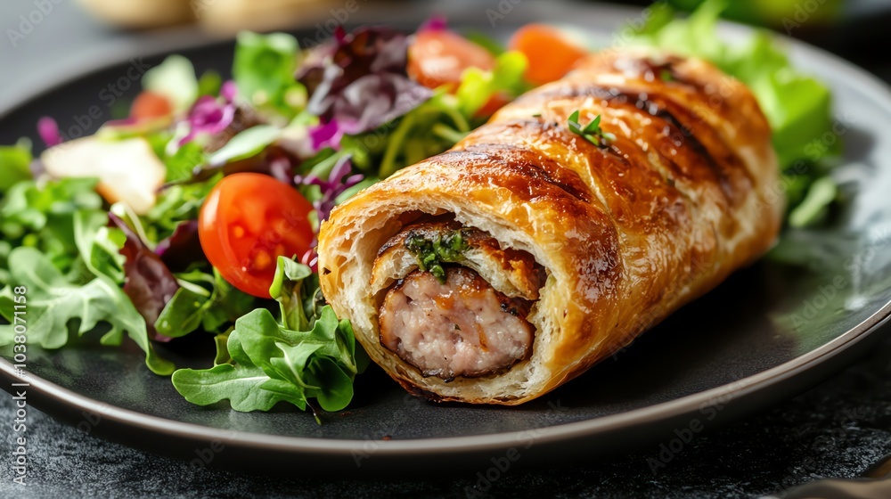 A plate of sausage rolls with a side salad. A plate of sausage rolls with a side salad.