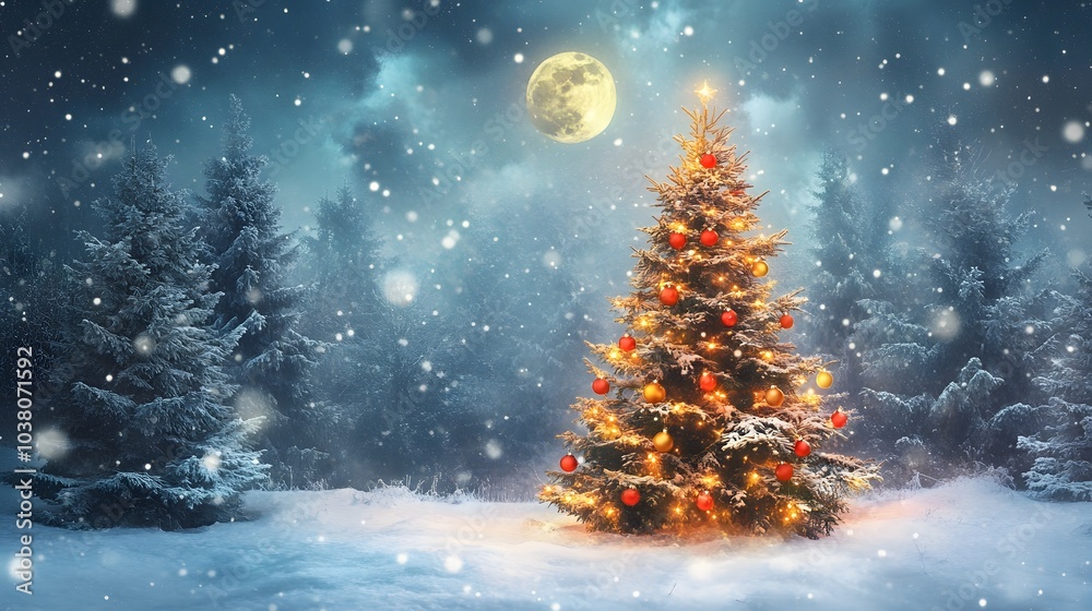 A Decorated Christmas Tree Stands in a Snowy Forest Under a Full Moon A Decorated Christmas Tree Stands in a Snowy Forest Under a Full Moon