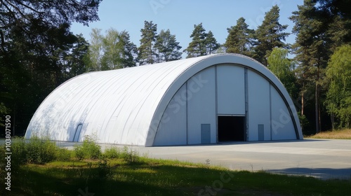 Modern Arch Hangar in Wooded Area 