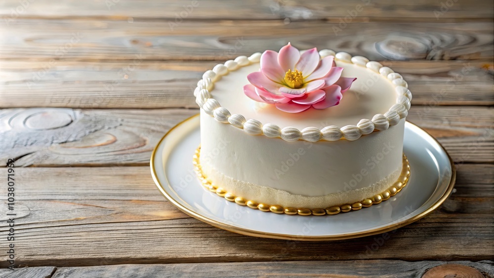 A Simple White Cake with Delicate Flower Decoration, Elegantly Presented on a White Plate with a Gold Trim, Resting on a Rustic Wooden Surface