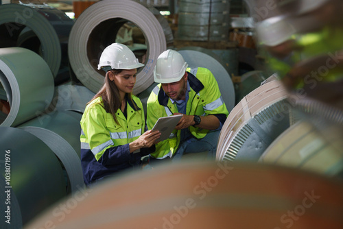 Two worker people wearing safety gear and holding a tablet to check product quality.