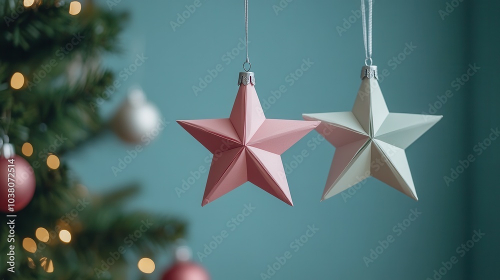 Two decorative star ornaments, one pink and one white, dangle from strings next to a beautifully decorated Christmas tree. The background features a cozy setting filled with twinkling lights and color Two decorative star ornaments, one pink and one white, dangle from strings next to a beautifully decorated Christmas tree. The background features a cozy setting filled with twinkling lights and color