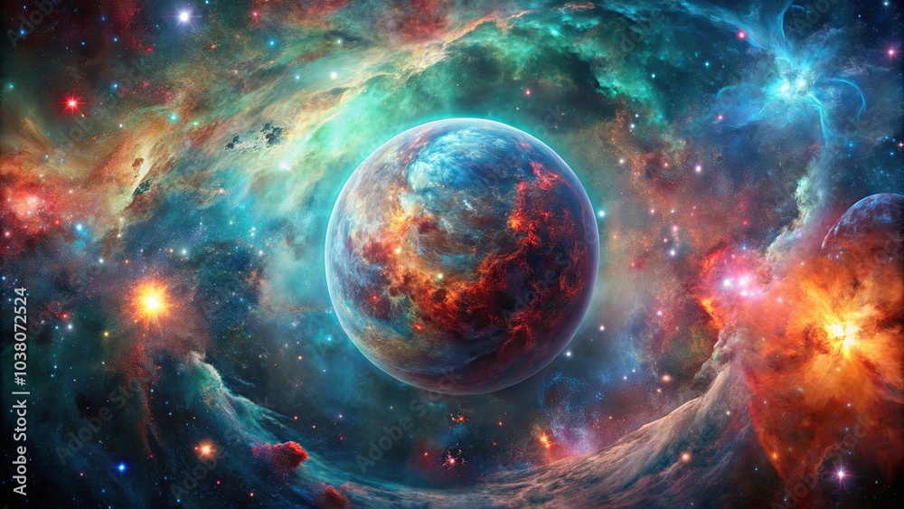 Obraz premium Cosmic Symphony A Tapestry of Nebulas and Stars, a Celestial Dance Around a Blazing Planet