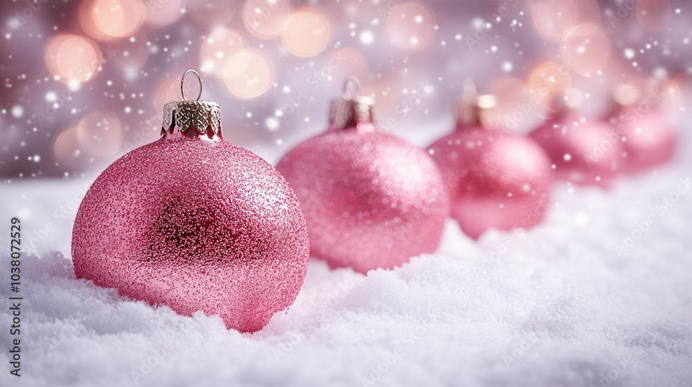 A series of pink glittering ornaments rests delicately on the soft snow, creating a festive winter atmosphere. The background features glowing lights in soft hues, enhancing the holiday spirit and sea