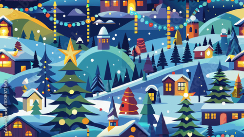 A festive winter scene depicts a colorful village nestled among snowy hills, decorated with twinkling lights and Christmas trees. The environment exudes a warm, intimate atmosphere. AI generated.