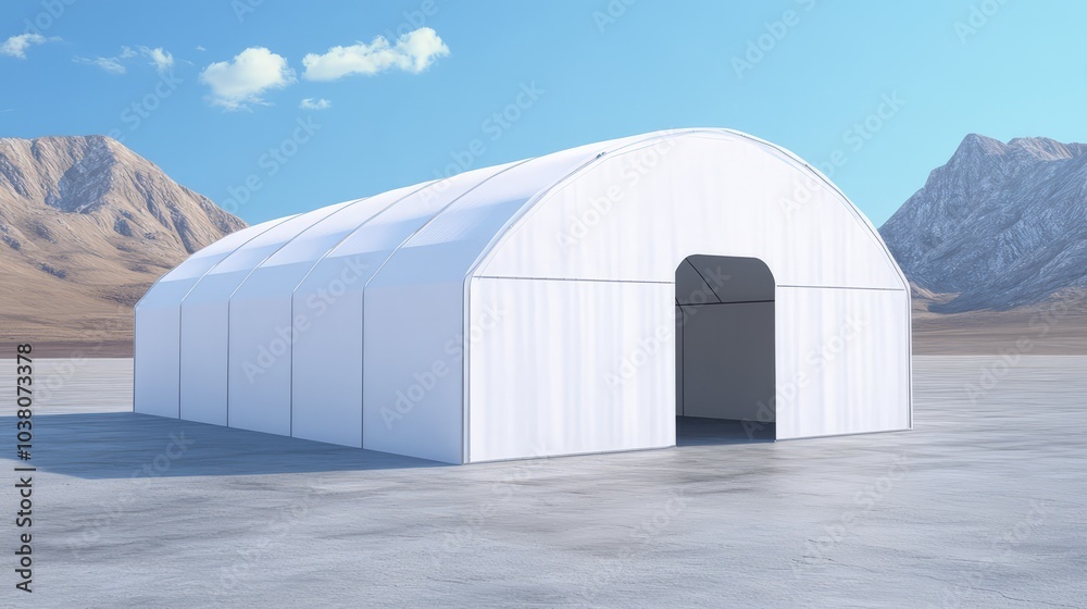 Large White Tent Structure in Desert Landscape: A sturdy and spacious white tent structure stands proudly against a backdrop of rugged mountains and desert terrain. Large White Tent Structure in Desert Landscape: A sturdy and spacious white tent structure stands proudly against a backdrop of rugged mountains and desert terrain.