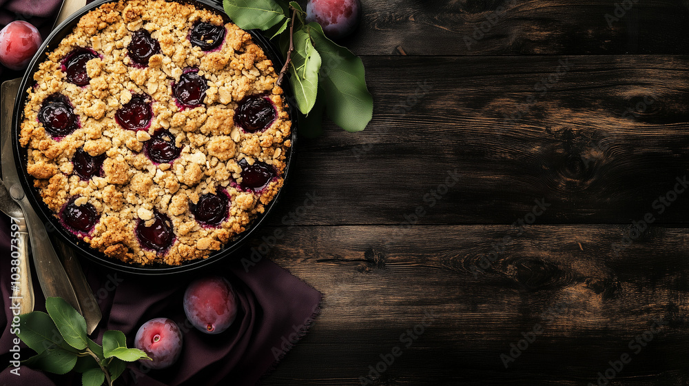 Traditional German Plum Crumble Cake Top View Traditional German Plum Crumble Cake Top View