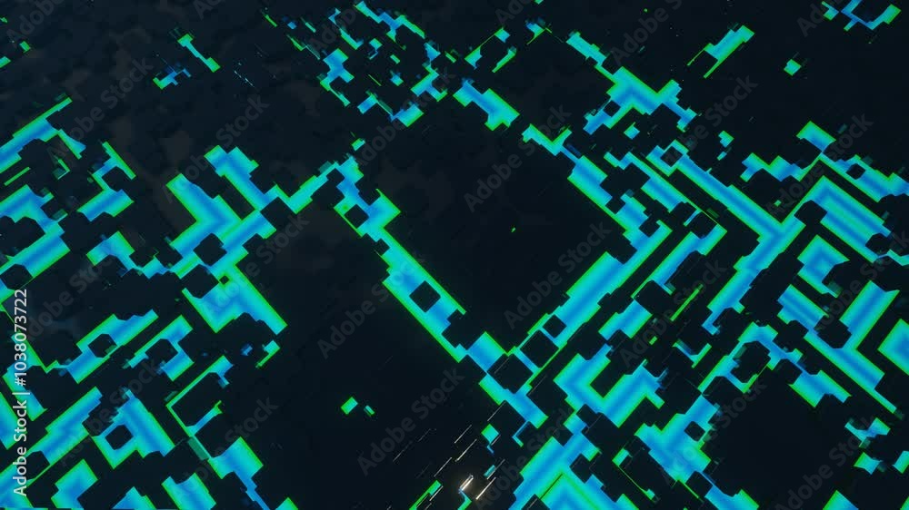 4k looped animation. 3d objects form sci fi composition on surface 3d pattern. Hi tech pattern on plane surface, neon glow, complex elements and structure. Information technology, futuristic hardware 4k looped animation. 3d objects form sci fi composition on surface 3d pattern. Hi tech pattern on plane surface, neon glow, complex elements and structure. Information technology, futuristic hardware