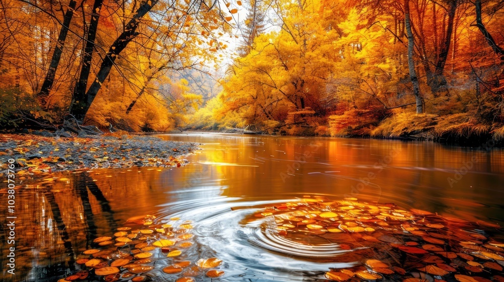 Obraz premium A serene autumn river scene with vibrant orange foliage reflecting in calm waters.