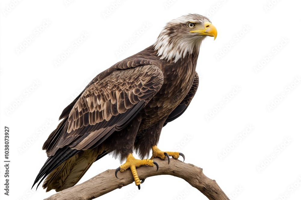 Proud eagle perched on branch minimalist full length portrait against white background isolated Proud eagle perched on branch minimalist full length portrait against white background isolated
