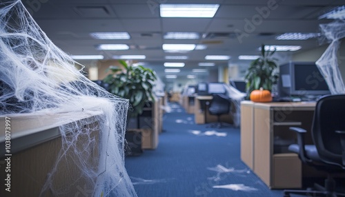 Fototapeta Naklejka Na Ścianę i Meble -  An eerie office space decorated with cobwebs and a pumpkin, evoking a spooky Halloween atmosphere.