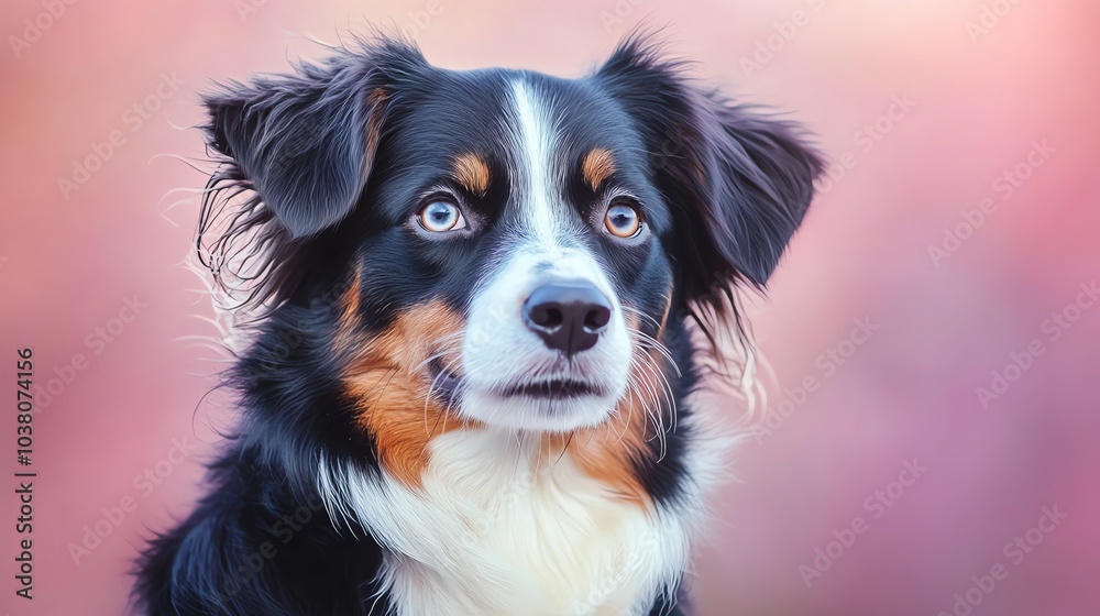 Fototapeta premium A black, white, and brown dog looks up with its blue and brown eyes.