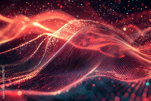 A vibrant digital landscape depicting flowing waves of light and particles, evoking a sense of motion and energy.