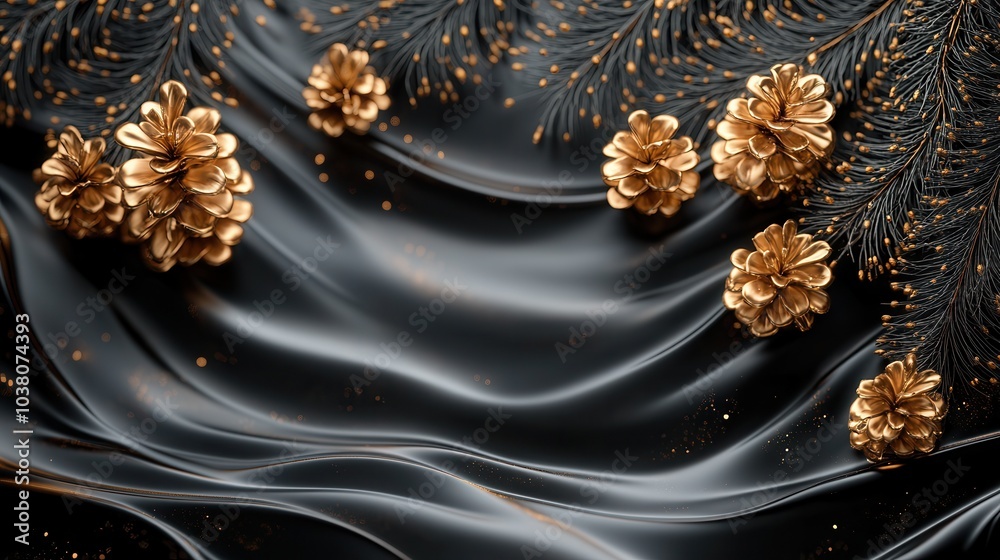 Obraz premium A series of ornate golden pine cones are set against a backdrop of smooth black fabric, creating a striking contrast that evokes a sense of luxurious elegance and classic style.