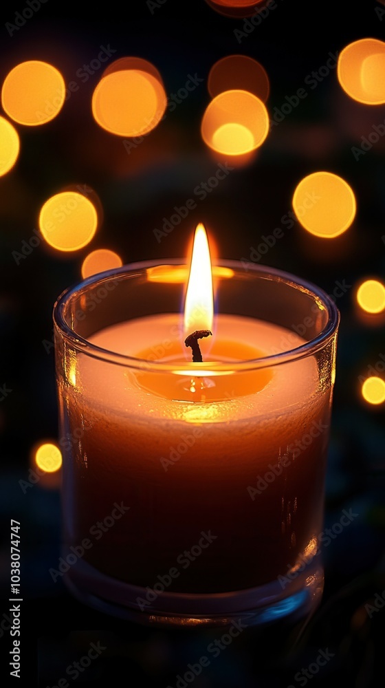 A single candle burns brightly in a glass holder, casting a warm glow. A single candle burns brightly in a glass holder, casting a warm glow.