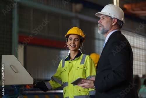 Φωτογραφία A woman worker in a yellow safety vest is talking to a foreman in a suit