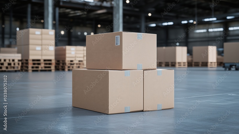 Cardboard boxes stacked in warehouse, empty space, industrial setting Cardboard boxes stacked in warehouse, empty space, industrial setting