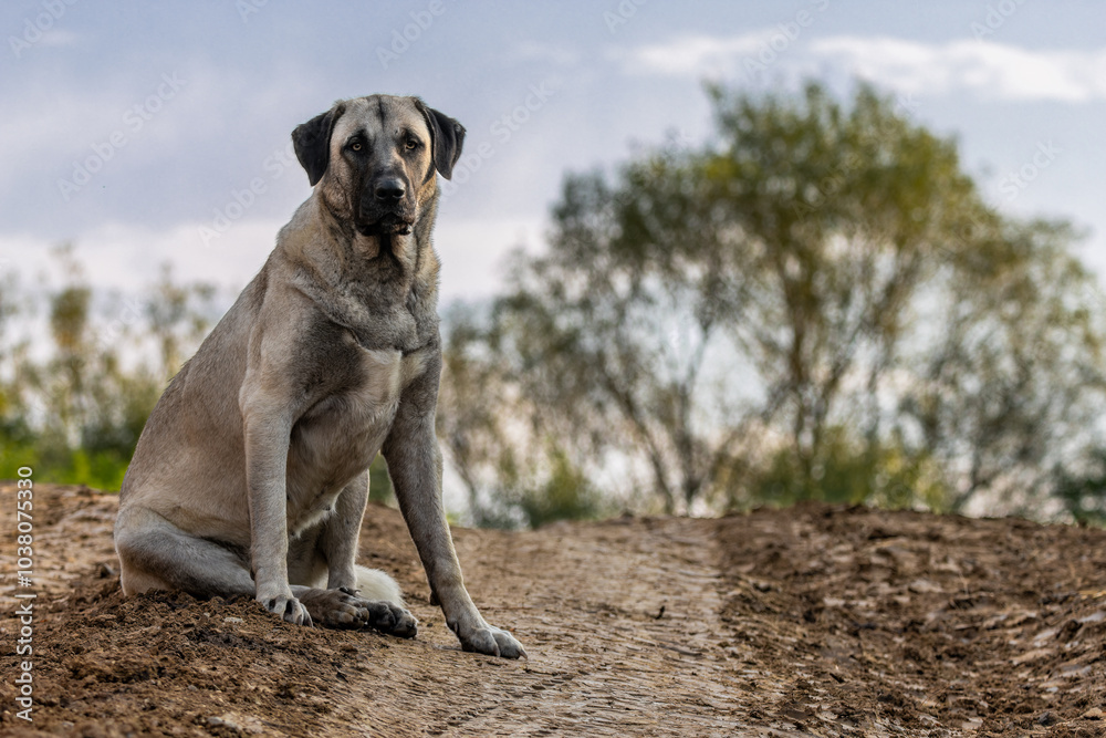 A beautiful photo of a Kangal dog sitting at the edge of a forest path, with the blue sky in the background. A beautiful photo of a Kangal dog sitting at the edge of a forest path, with the blue sky in the background.