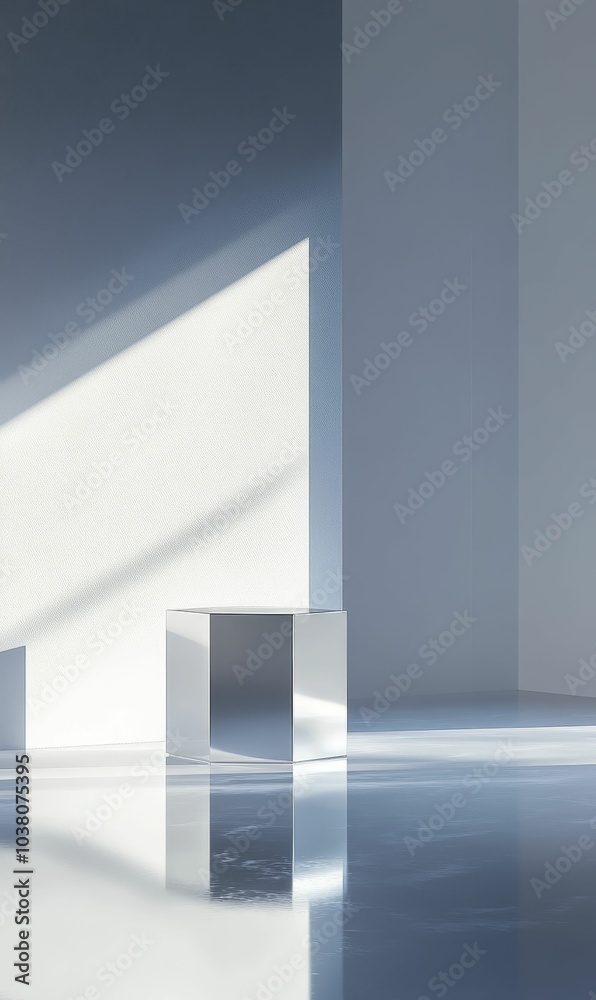 Fototapeta premium A metallic hexagonal podium in a white room.