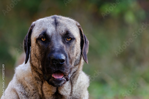 A beautiful close-up portrait of a Kangal dog, showcasing its strong and majestic features. photo