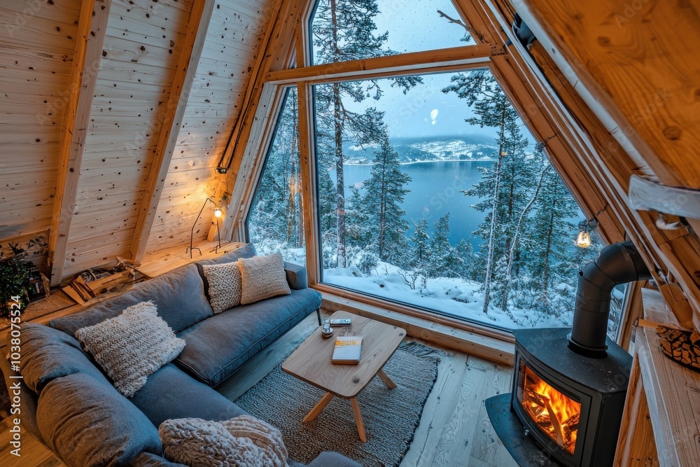 A cozy cabin interior with a stunning snowy landscape view, featuring a comfortable seating area and a warm fireplace. A cozy cabin interior with a stunning snowy landscape view, featuring a comfortable seating area and a warm fireplace.