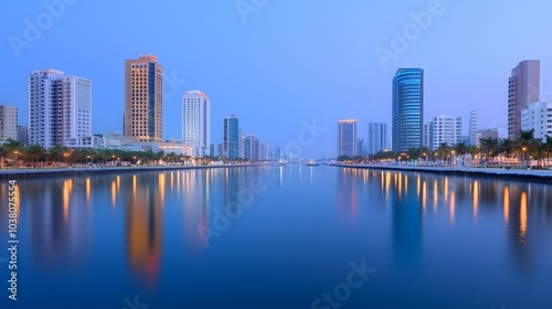 A panoramic view of a modern city skyline reflected in calm waters, illuminated by evening lights, showcasing high-rise buildings and a tranquil atmosphere.