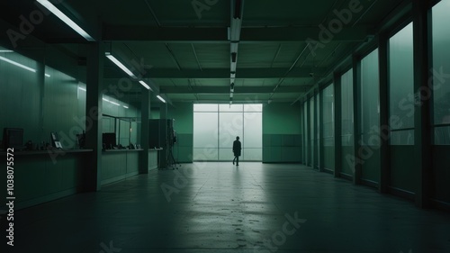 A lone figure walks through a large, empty, green-toned room with large windows looking out to a misty, gray day.