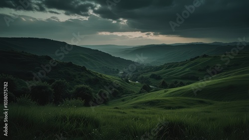 Rolling green hills and a valley with a river under a cloudy sky.