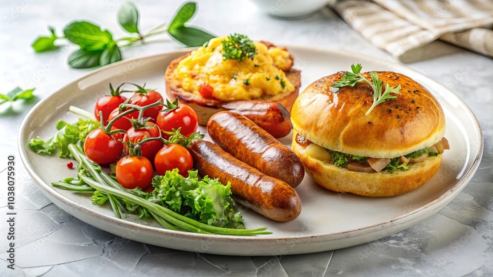 Aromatic Savory Breakfast with Scrambled Eggs, Sausage Links, a Miniature Sandwich, and Fresh Tomatoes and Greens Aromatic Savory Breakfast with Scrambled Eggs, Sausage Links, a Miniature Sandwich, and Fresh Tomatoes and Greens